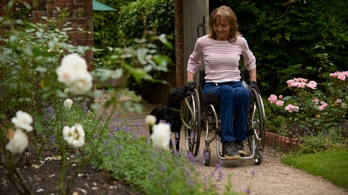 A woman in a wheelchair on a rose garden path with her black dog.